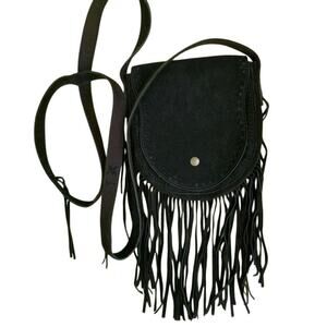 Black Suede Fringed Western Festival Cross Body Bag